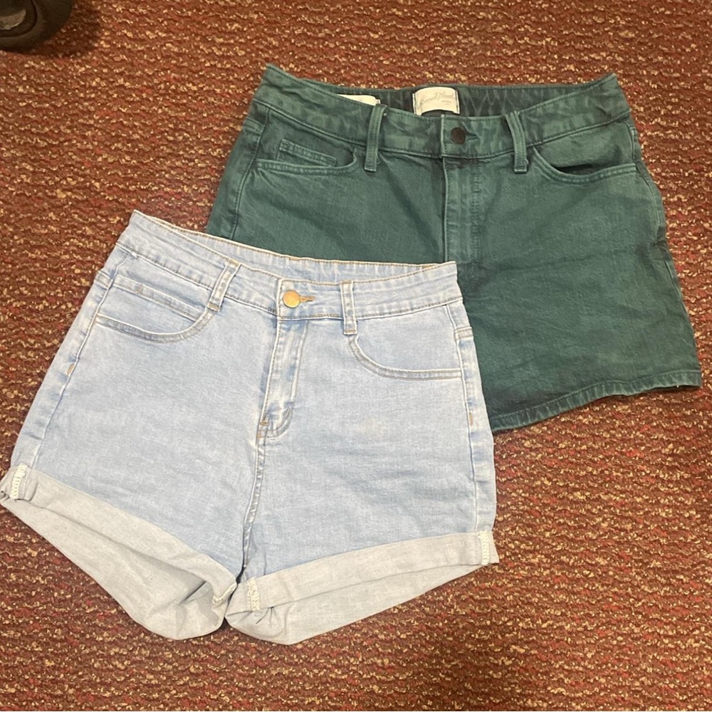 Women's Green and Light Blue Denim Shorts